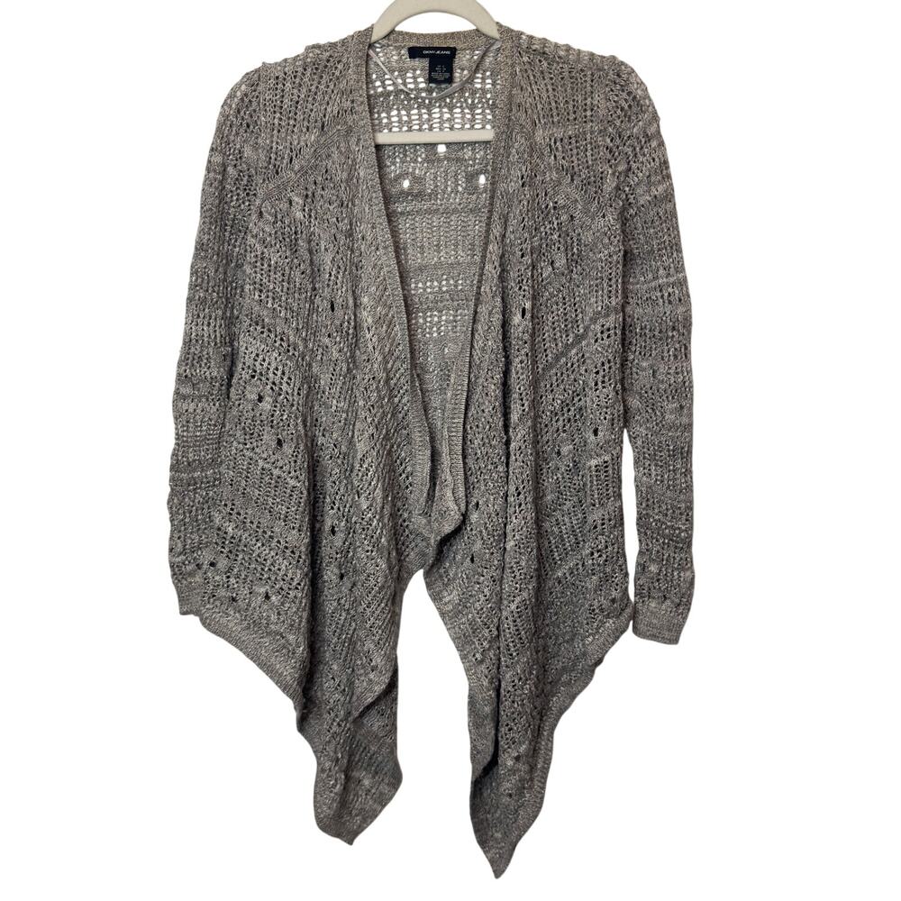 Fairycore Boho Open Knit Cardigan Metallic Gray Waterfall S DKNY Cottagecore